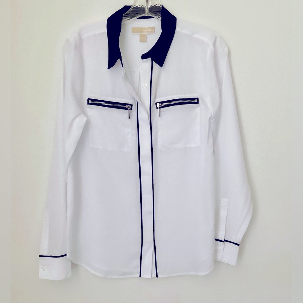 New Michael Michael kors White with Black Trim Button up long Sleeves Blouse Sz4